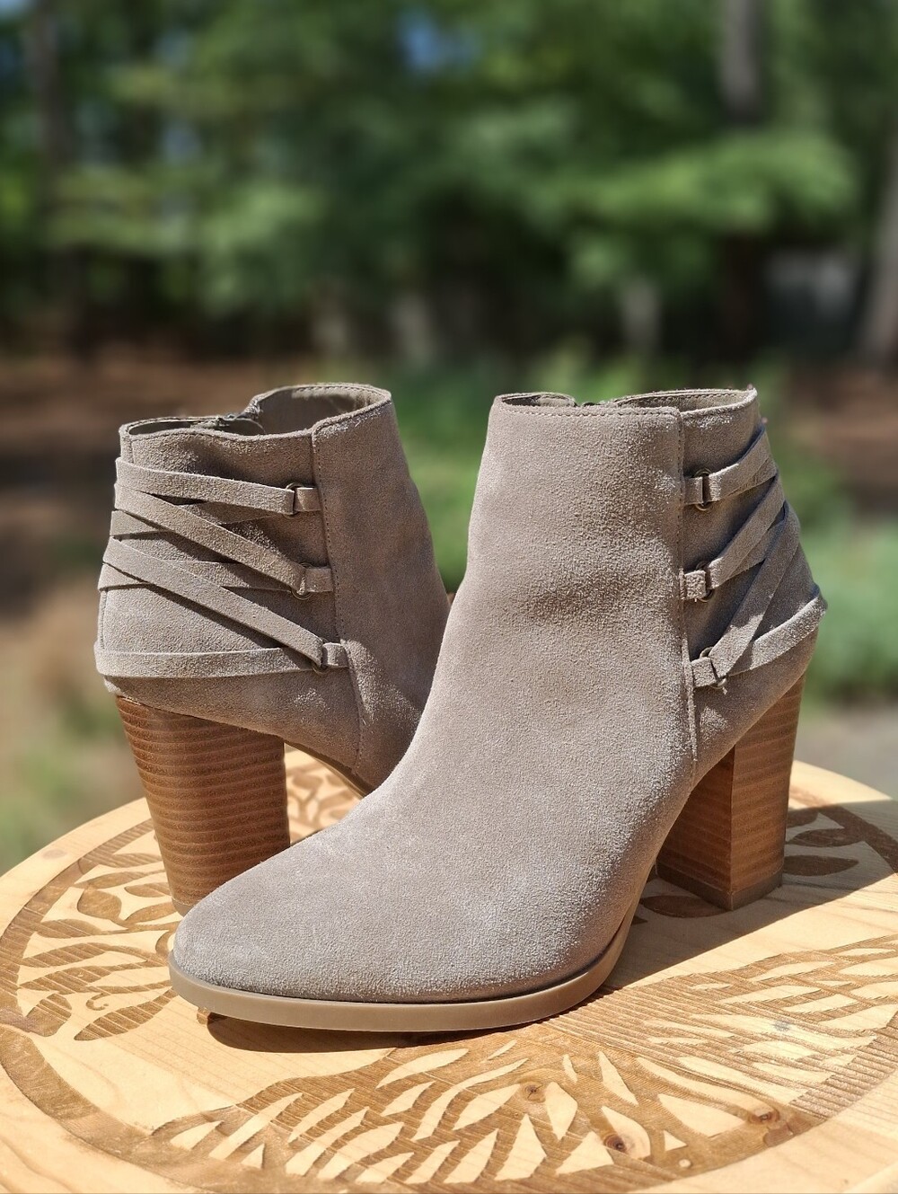 Franco Fortini Carly Tan Suede Braided Lace-Up Back Block Heel Ankle Boots 6.5